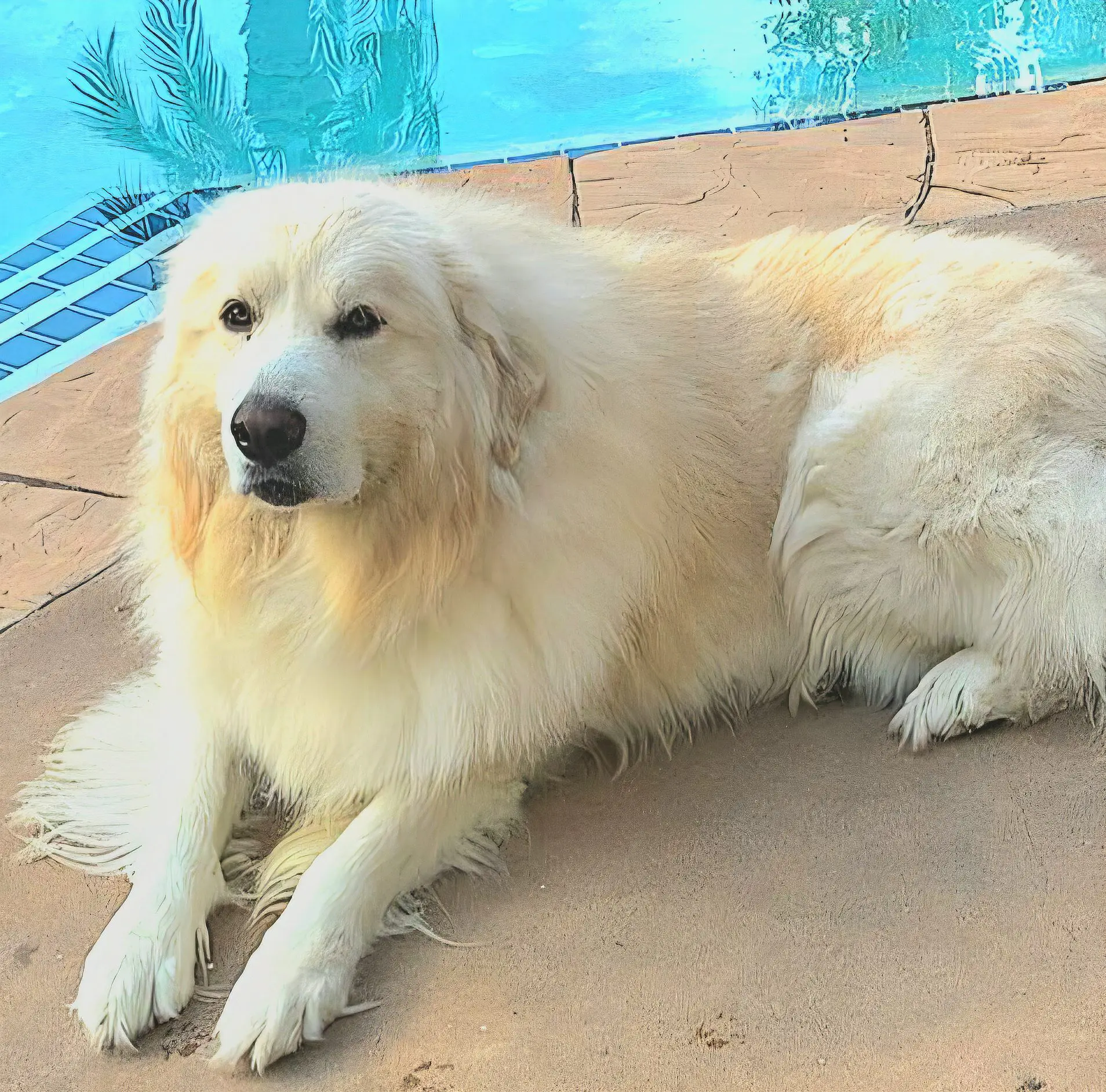 Fluffy white dog lying by pool